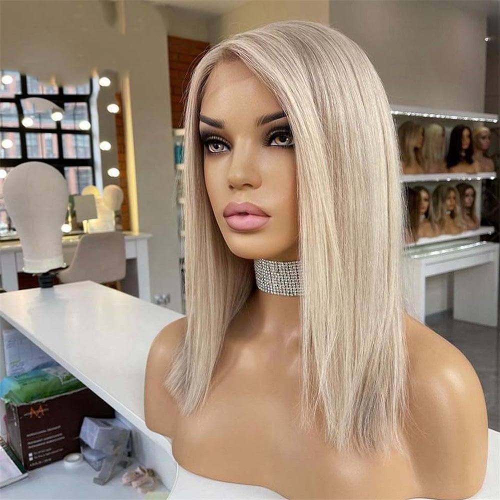 13X4 Ash Blonde Highlight Wig Brazilian Virgin Short Bob Wigs 13X6 Hd Lace Frontal Straight Human Hair Wig For Women 13x6 Frontal Wig 12inches#150 Density