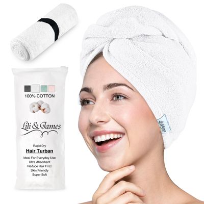 100% Cotton Hair Towel Wrap for Women/Kids | Quick Dry, Soft & Absorbent 420-GSM Hair Wrap Towels with Double Button | Anti Frizz, Non Microfiber Luxury Hair Turbans for Curly, Long Hair (White)