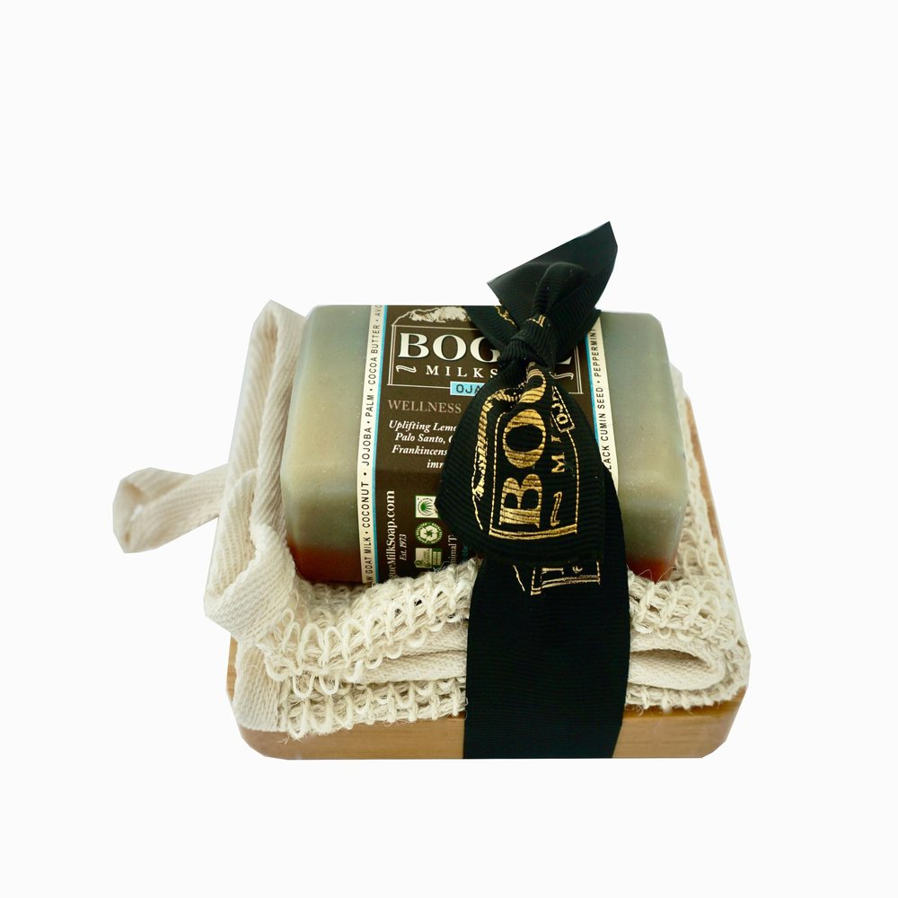 Handmade Goat Milk Soap Giftset- BOGUE No.31 WELLNESS Rejuvenating Blend Uplifting Essential oils of Lemon & Peppermint, therapeutic Palo Santo & Clary Sage with Sisal Cloth and wood dish