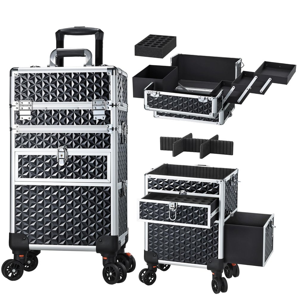 Joligrace Rolling Makeup Case with Drawers - Tattoo Storage Organizer Travel Cart for Nail Tech, Cosmetology, Barber Tools - Portable Suitcase on Wheels