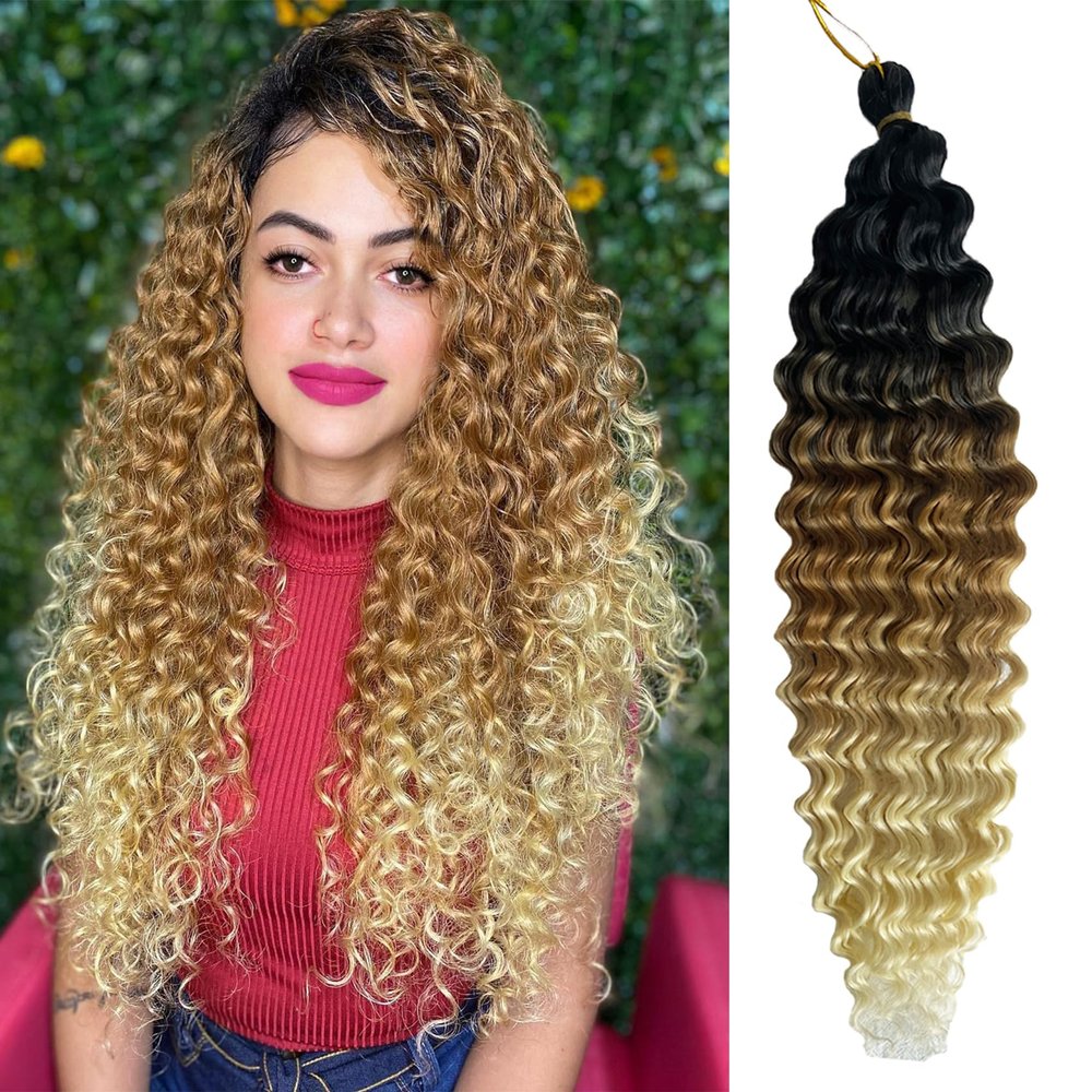 Paraglame Ombre Ocean Wave Crochet Hair 18 Inch Curly Braiding Hair Deep Wave Braiding Hair for Bohemian Knotless Braids Water Wave BraidingHair for Women (3 Packs, 1B/27/613#)
