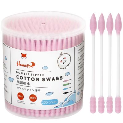 HOMEFOX Pink Cotton Swabs Spiral Pointed - 200 Count Organic Cotton Buds Double Side Tightly Wrapped Precision Cotton Tips Paper Stick Soft Gentle Lint-Free Cruelty-Free, Spiral & Pointy (Pink)