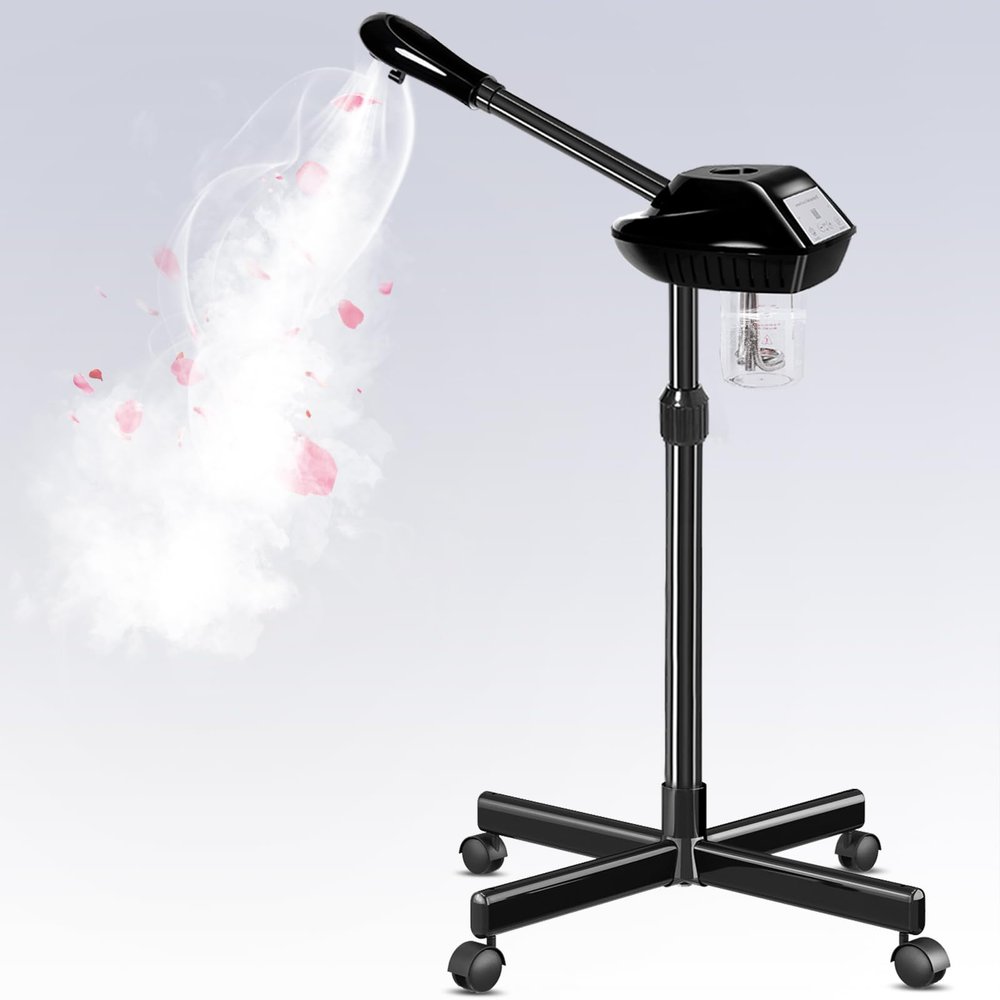 Professional Facial Steamer with More Steam for Deep Cleansing and Hydration, Face Steamer on Wheels with Time Setting, Estheticians Steamer Adjustable Height for Beauty, Spa and Home UseBlack