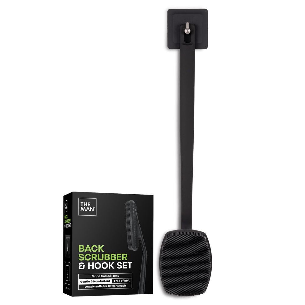 The Man Silicone Back Scrubber for Men - 18.5 Shower Brush with Long Handle for Back & Body - Exfoliates, Clears Pores & Prevents Breakouts - Hygienic Body Washer with Hook