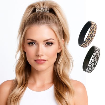 2 Small PONY-O Bendable Hair Ties, Ponytail Holders: for Fine or Sections of Hair, Volumizing, Comfortable & Non-Damaging (Leopard & GeoFlower)