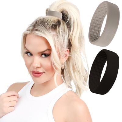 2 Large PONY-O Bendable Hair Ties, Ponytail Holders: for Thicker or Heavy Hair, Secure, Comfortable & Non-Damaging (Black & Gray)
