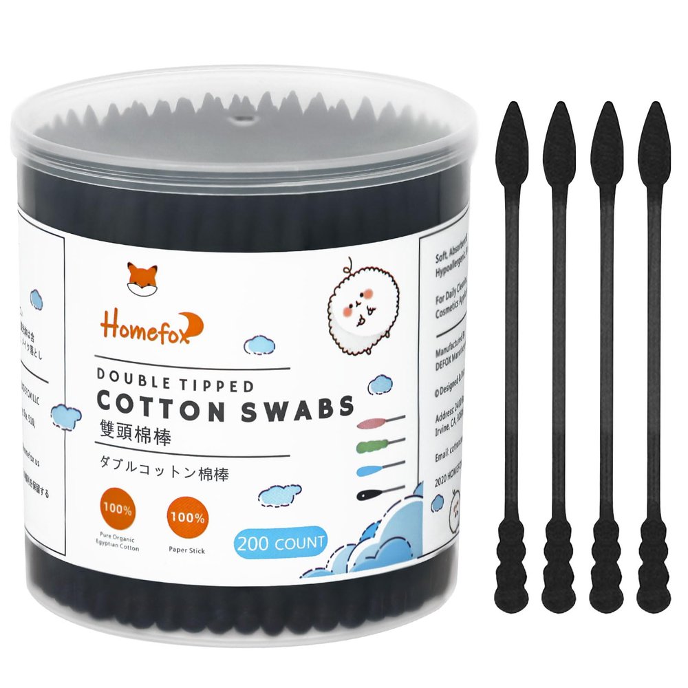 HOMEFOX Black Cotton Swabs Spiral Pointed - 200 Count Organic Cotton Buds Charcoal Gothic Double Side Tightly Wrapped Precision Cotton Tips Paper Stick Soft Gentle Lint-Free, Spiral & Pointy (Black)
