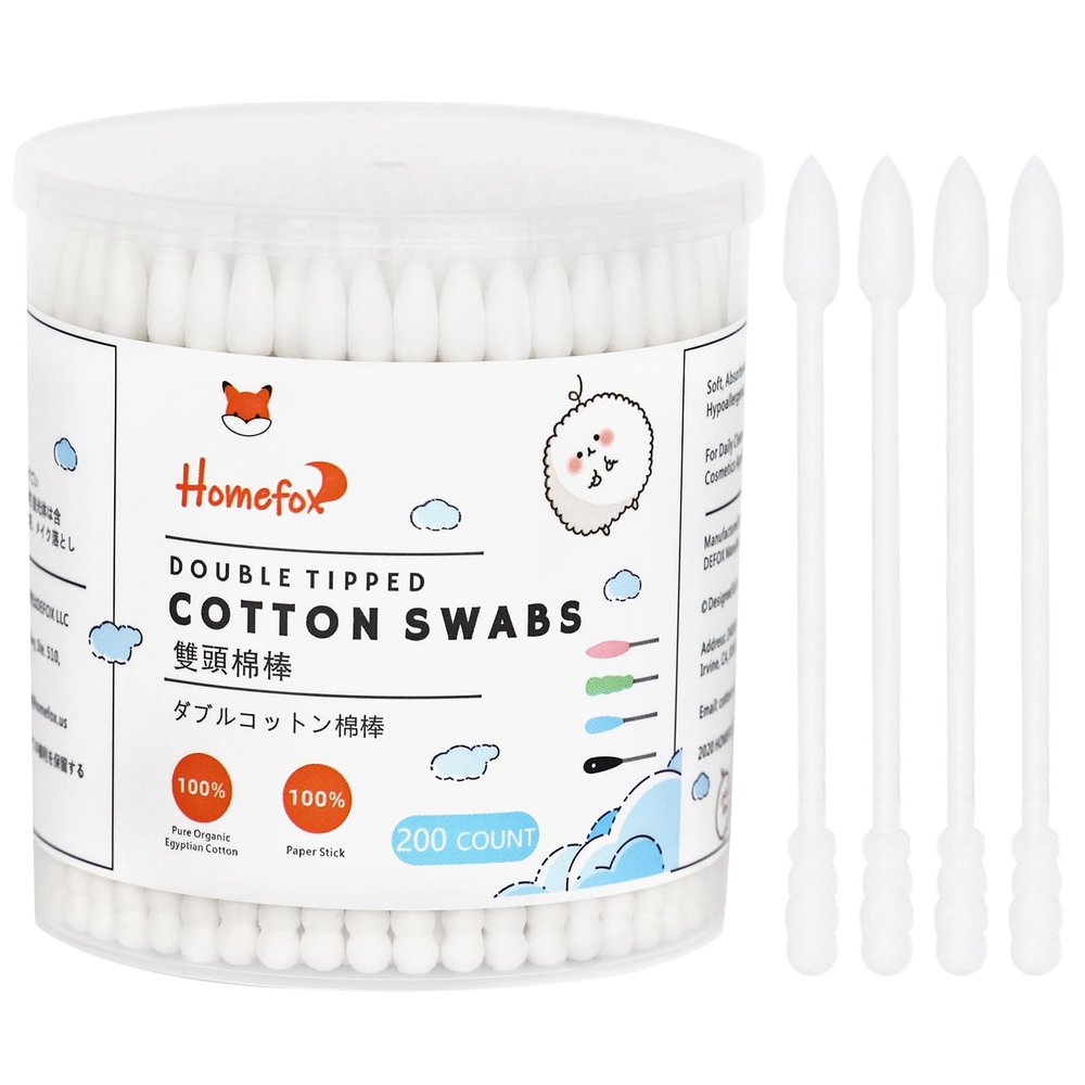 HOMEFOX White Cotton Swabs Spiral Pointed - 200 Count Organic Cotton Buds Double Side Tightly Wrapped Precision Cotton Tips Paper Stick Soft Gentle Lint-Free Cruelty-Free, Spiral & Pointy (White)