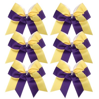 Cheerleader Bows 8 Inch Comb Color Ponytail Holder with Bling Fling Rhinestones Hair Tie Cheerleading Bows 6 Pcs (Yellow/Purple)