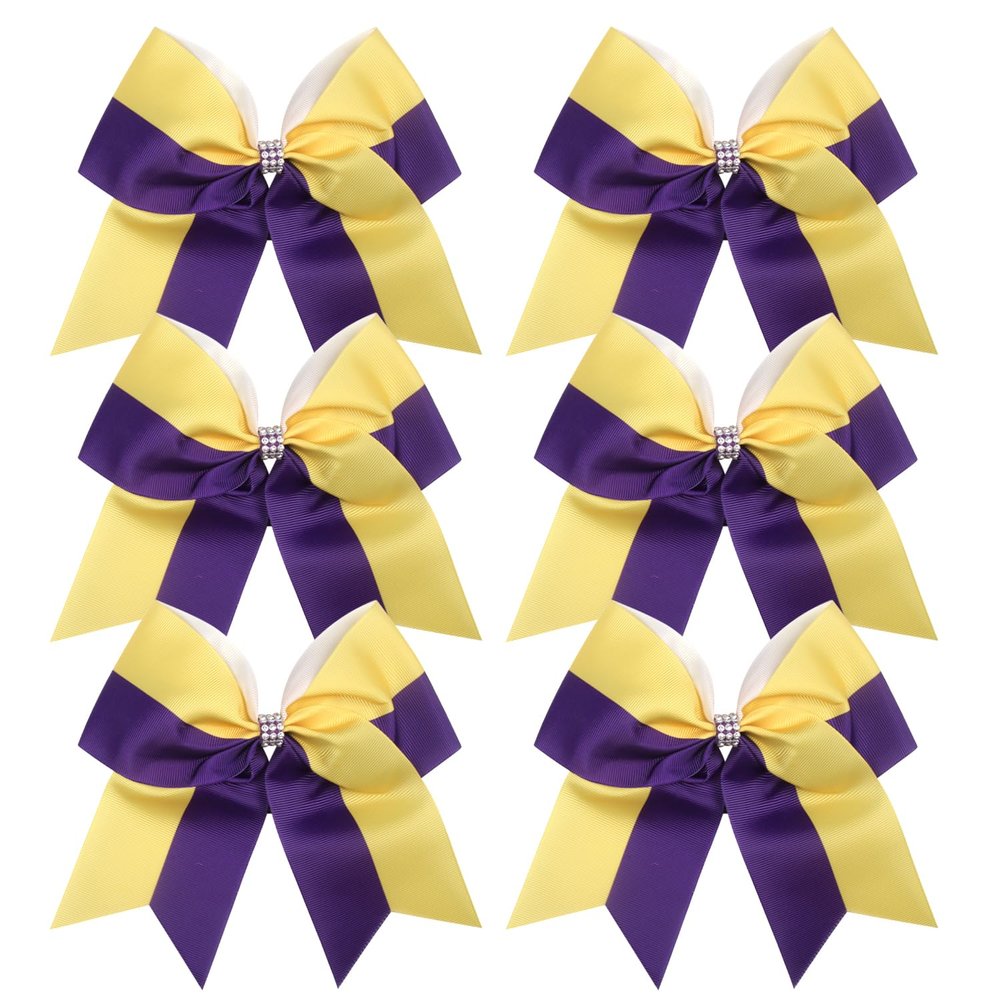 Cheerleader Bows 8 Inch Comb Color Ponytail Holder with Bling Fling Rhinestones Hair Tie Cheerleading Bows 6 Pcs (Yellow/Purple)