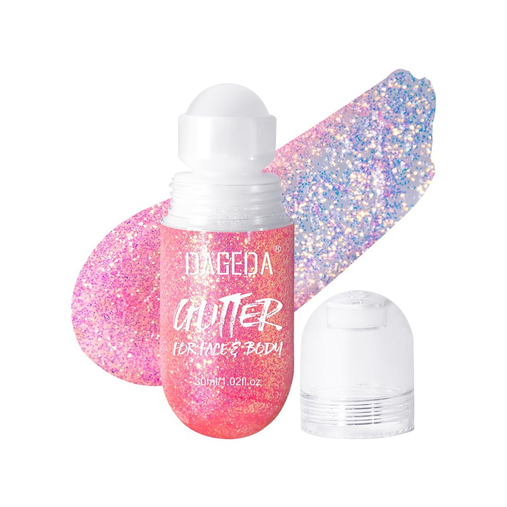 DAGEDA Body Glitter Gel, Roll-on Face Glitter for Mermaid Makeup Festival Rave Accessories, Holographic Hair Glitter Gel,Body Shimmer Halloween Makeup for Rave Party (Pink)
