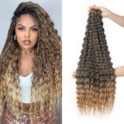 Ocean Wave Crochet Hair 30 inch 7 Packs Long Ombre Light Brown Deep Wave Curly Braiding Hair Soft Synthetic Curly Crochet Hair For Black Women(30 Inch, 1B/27