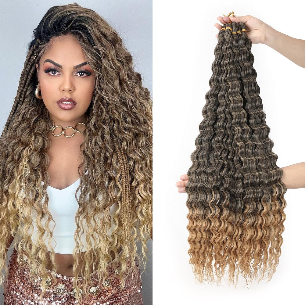 Ocean Wave Crochet Hair 30 inch 7 Packs Long Ombre Light Brown Deep Wave Curly Braiding Hair Soft Synthetic Curly Crochet Hair For Black Women(30 Inch, 1B/27