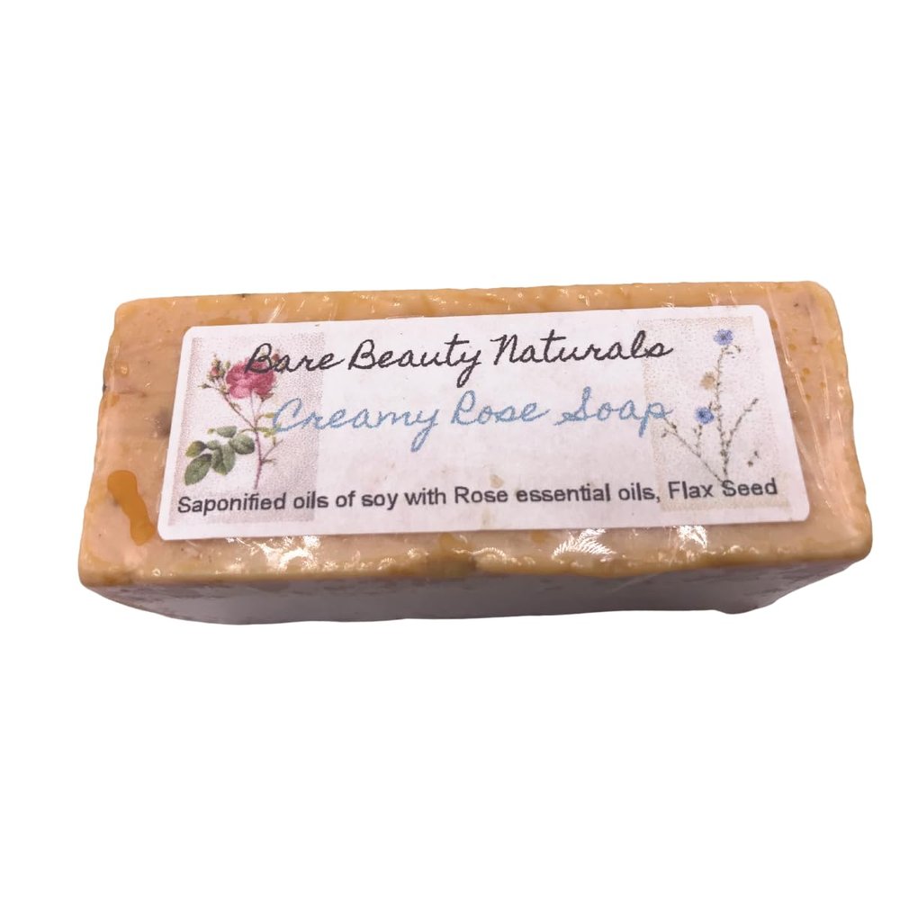 Bare Beauty Naturals 100% Natural Creamy Rose Soap // Stretch Mark, Acne, Pregnancy // Free soap preservation bag // Plant-Based (Block cut 11-12.9 oz, Sm Lo-Exfol Muslin)