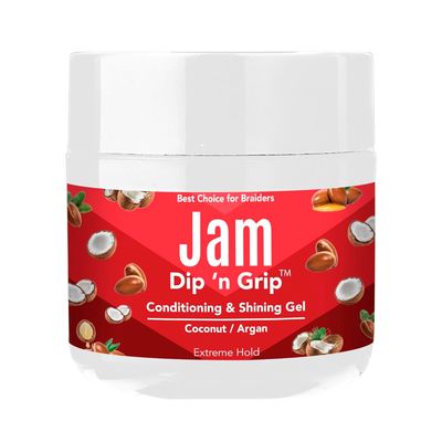 Dip n Grip Jam Hair Braiding Gel 4oz  Extreme Hold & Shine for Braids, Twists & Curls  Coconut, Argan, Castor & Vitamin E Oils  Nourishing & Flake-Free Styling Gel.