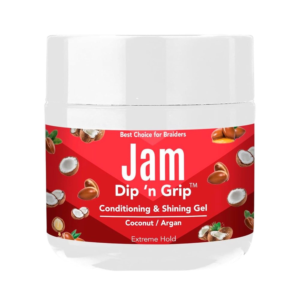 Dip n Grip Jam Hair Braiding Gel 4oz  Extreme Hold & Shine for Braids, Twists & Curls  Coconut, Argan, Castor & Vitamin E Oils  Nourishing & Flake-Free Styling Gel.