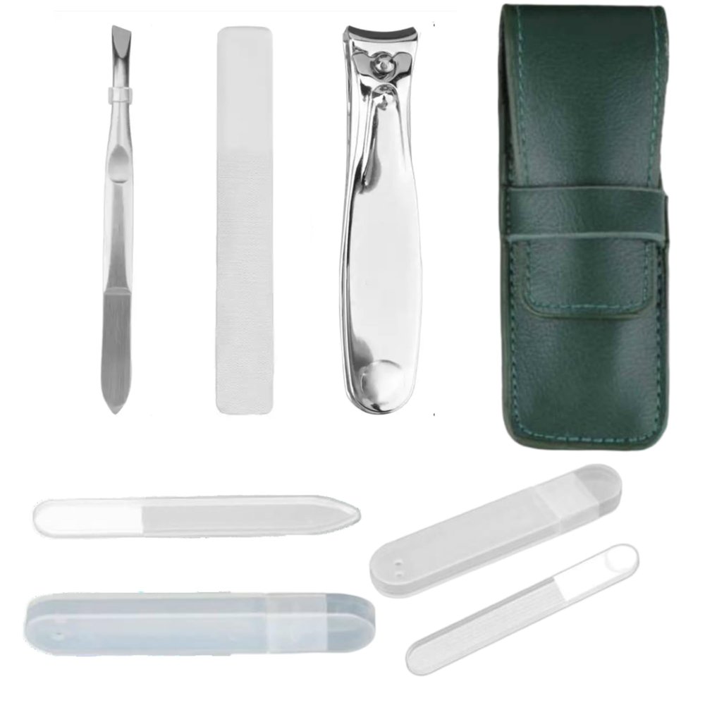 All-in-One Glass Nail File Kit with Case  Compact Vegan Leather Manicure Set with Tweezers, Clippers, Buffer & Cuticle Pusher + 2 Bonus Glass Nail Files in Cases  Travel Gift for Women & Men