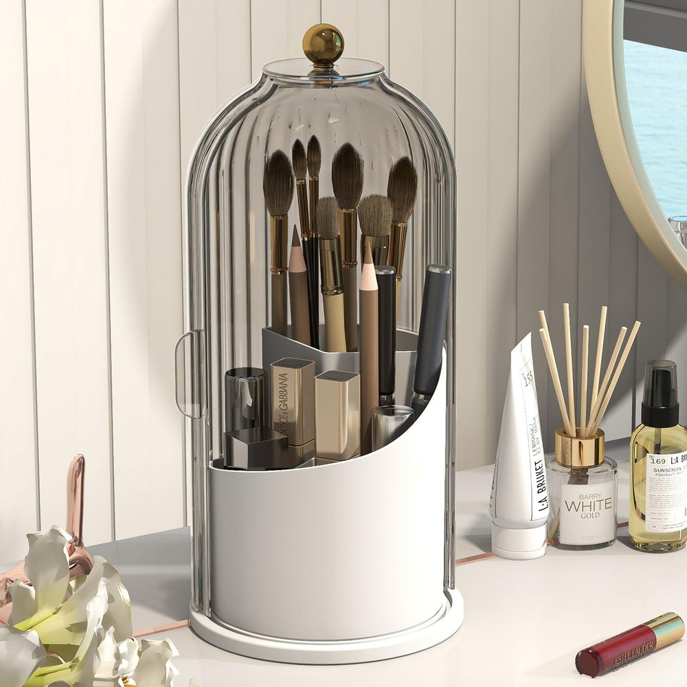 Emljkvp Makeup Brush Holder with Dustproof Cover 360 Rotating Makeup Brush Organizer for Vanity Bathroom, Grey
