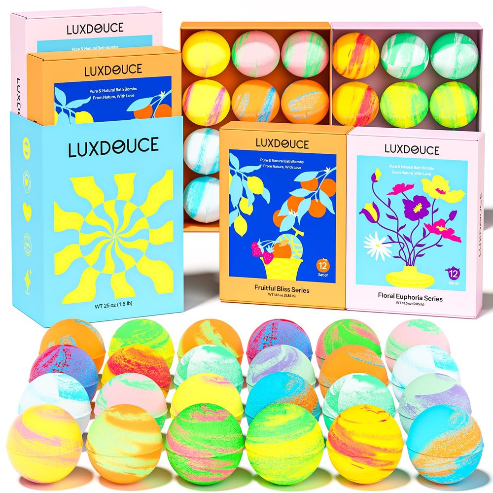 Bath Bombs Gift Se, 24 Pack Bubble Bombs with 12 Unique Scents, Floral & Fruity Collections, Skin-Soothing & Mood-Enhancing, Spa Gifts for Women, Wife, Stress Relief & Relaxation