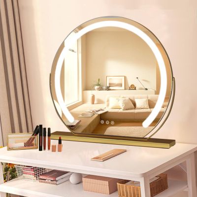 LED Mirror Vanity Mirror 42cmX38cm,52cmX48cm,62cmx58cm Makeup Mirror With Lighting Touchscreen Control 3 Color Lights Dimmable 360 Rotating White/ Black/gold/Silver ( Color : gold , Size : 16.5"X15"