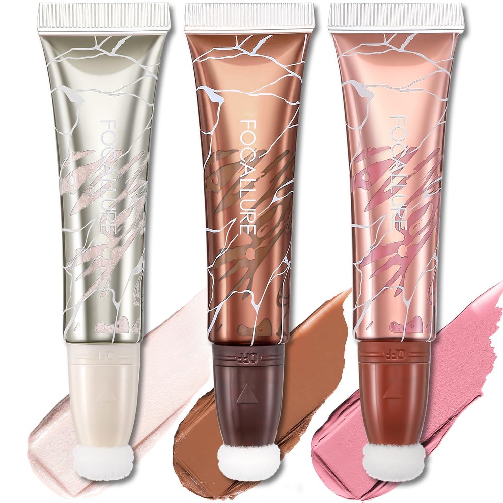FOCALLURE 3 PCS Liquid Contour Stick,Moisturizing Highlighter,Blush and Bronzer,Silky Cream Contouring Pen with Soft Cushion Applicator,Long Lasting Face Illuminator Makeup,Daisy Chain