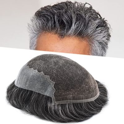 Toupee for Men Hair Piece Replacement System Lace Front Mens Toupee Wig Hairpiece Poly Skin PU Hair Prosthesis Unit for Men (6''x8'' 120% Light Medium Density, #1B50 Off Black+50% Gray)