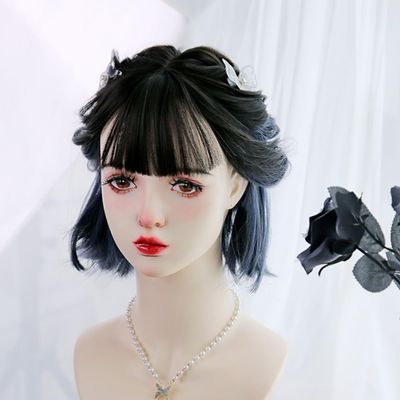 SCORRO Highlights Purple Gradient Blue Short Straight Wig, Fashionable Daily Wig Bobo Hair, Lolita Wigs with Bangs, Japanese Harajuku Jk Wig for Women Sweet Hot Girls (Gradient Blue Haze)