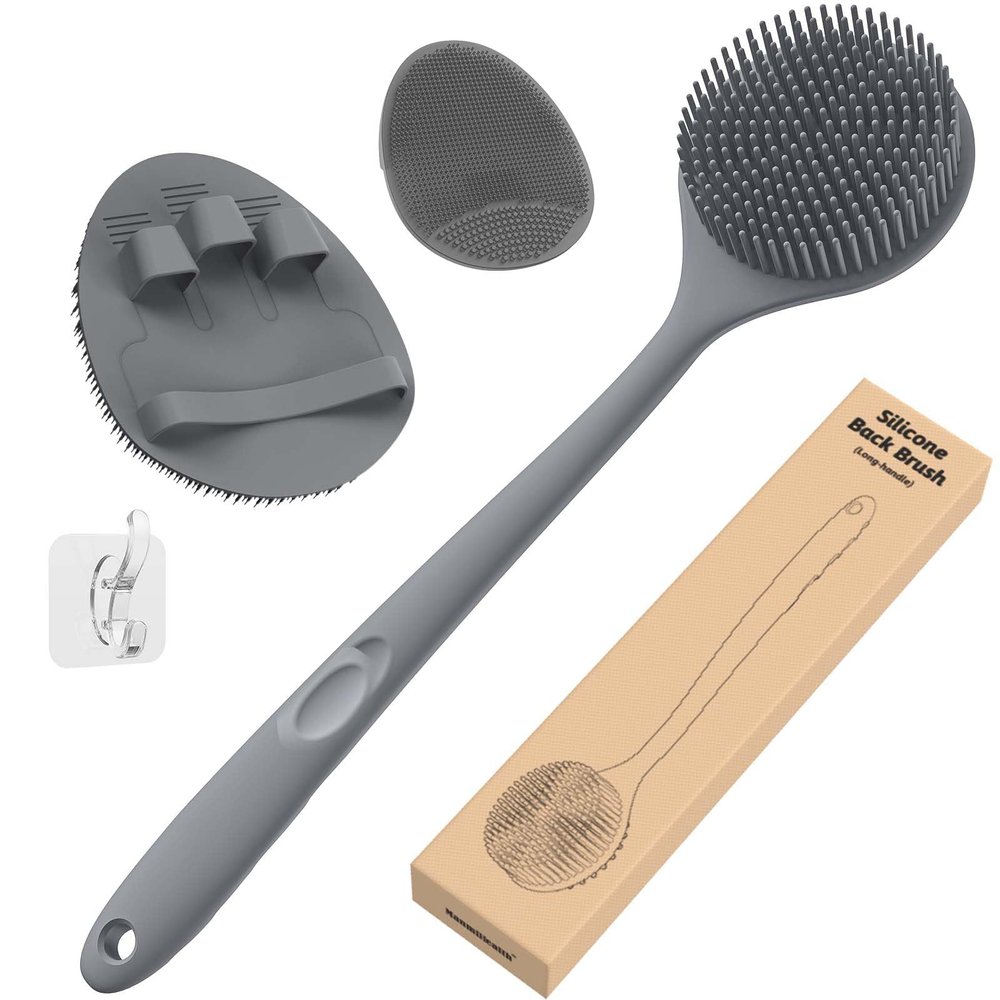 Manmihealth Silicone Back Scrubber (Thin Bristles) & Bath Glove & Face Brush Set(3PCS), Super-Exfoliating & Lathering Body Scrubber, Shower Brush, Face Scrubber Combination, with a Free Hook.(Gray)