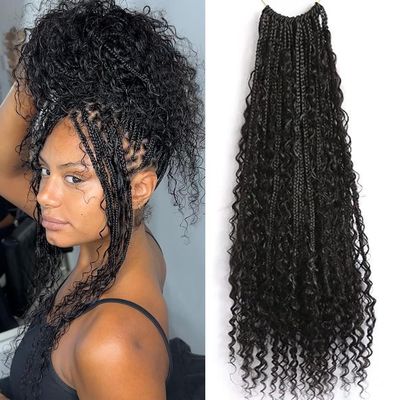 Crochet Boho Box Braids with Human Hair Curls Pre Looped Goddess Box Braids With Human Hair Curly Ends Crochet Hair for Black Women Natural Color 18inch 2 Packs 80 Strands