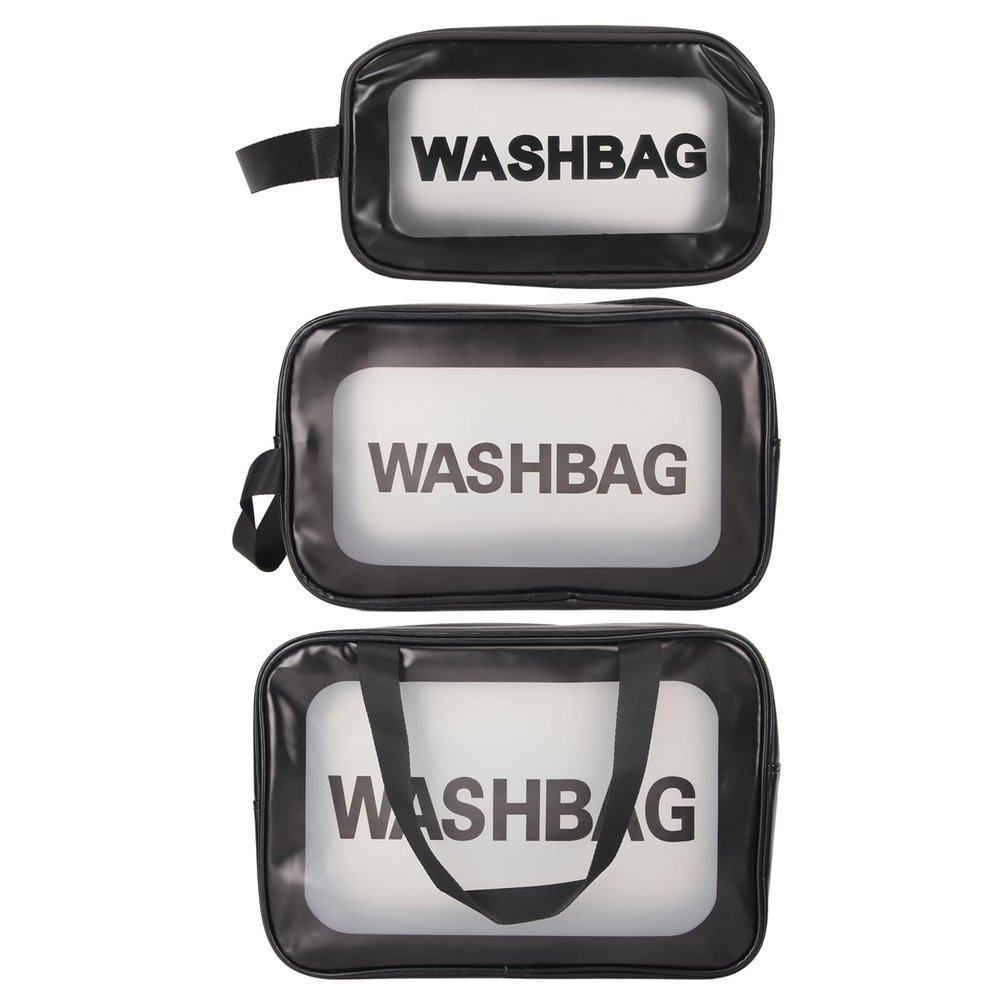 3pcs Makeup Translucent Toiletries Bags Waterproof Cosmetic Clear Toiletries Portable Plastic Travel Makeup Storage Set case Women Men Home Use Black
