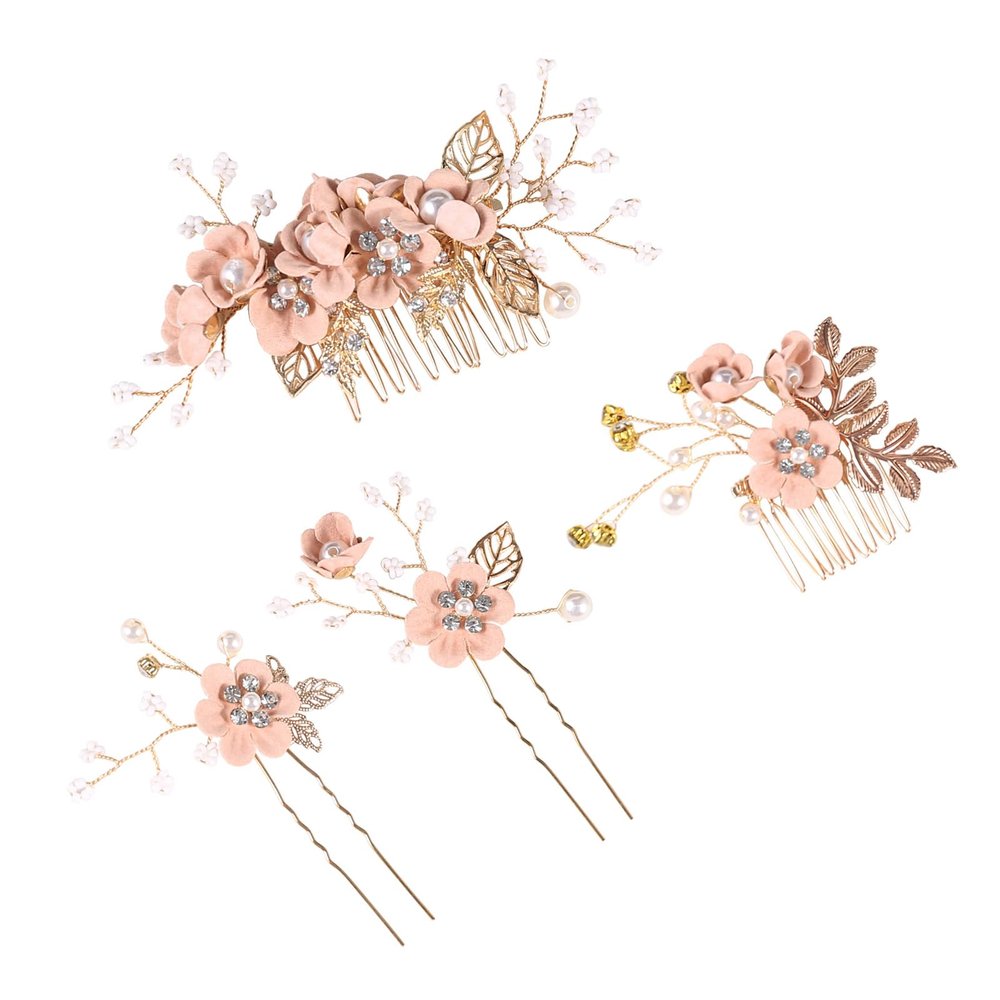 4Pcs Crystal Bride Hair Comb Handmade Wedding Hairpin Pearl Floral Leaf Hair Accessories for Women Wedding (Gold,cinnamon)