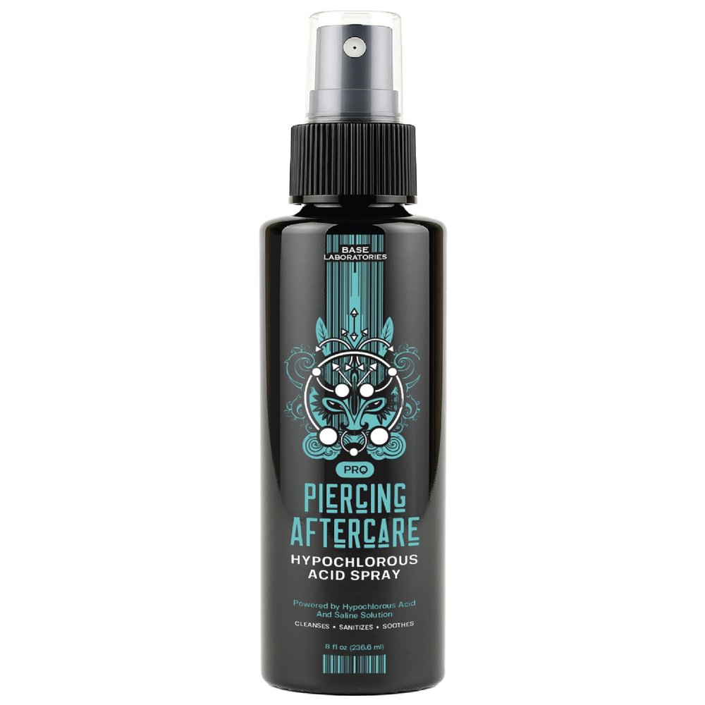 BASE LABORATORIES Piercing Aftercare Hypochlorous Acid Spray PRO - 8 OZ | Ear Piercing Cleaner | Saline Solution Piercing Aftercare - Saline Spray for Piercings, Bumps & Keloids | Ear, Nose, Belly