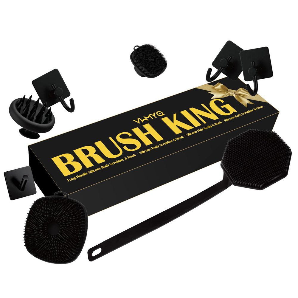 Silicone Body Scrubber Set Includes Back & Body Scrubbers, Face Brush, Scalp Massager, 4 Storage Hooks, Shower & Bathroom Hygiene Accessories for Gift(Black) (D)