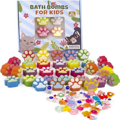 Bath Bombs for Kids with Surprise Inside, 32 Pack Paw Bath Bombs with Toy, Ocean Animals and Space Planet Toys SPA Fizzy Handmade Natural Bath Bomb Gift Set at Christmas, Birthday