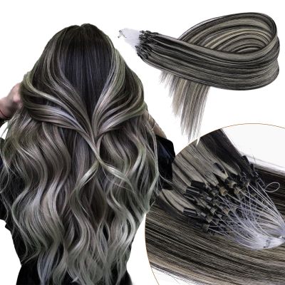 KiiKiiGirl Microlink Hair Extensions Human Hair,18 Inch #1B/Silver Natural Black to Silver Micro Loop Microbead Micro Link Hair Extensions Human Hair Invisible Straight 50g/62s