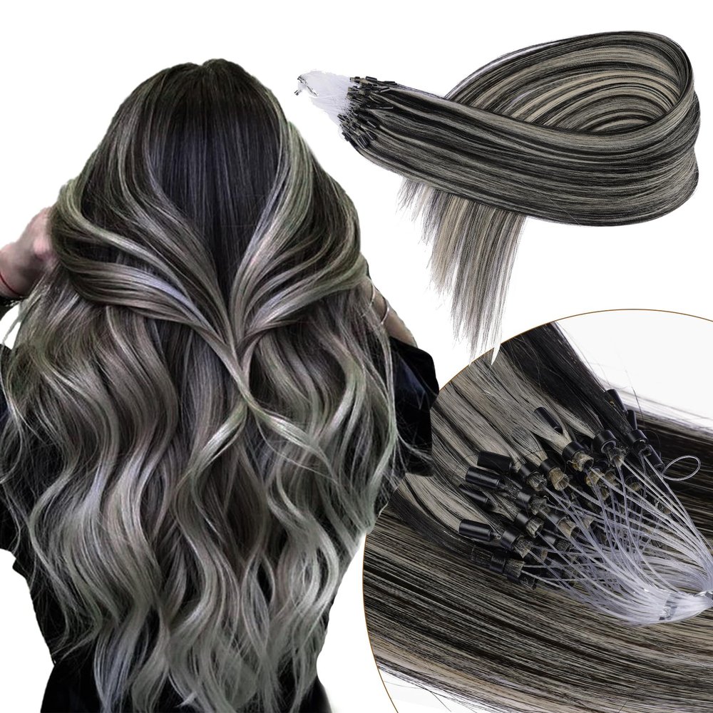 KiiKiiGirl Microlink Hair Extensions Human Hair,18 Inch #1B/Silver Natural Black to Silver Micro Loop Microbead Micro Link Hair Extensions Human Hair Invisible Straight 50g/62s