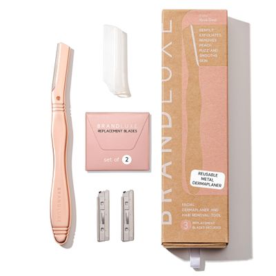 Brandluxe Dermaplaning Tool for Face, Eyebrow Shaping, Hair Removal and Exfoliation. Eco-friendly design. Includes 3 Swedish stainless steel blades in RoseGold (Starter Kit)