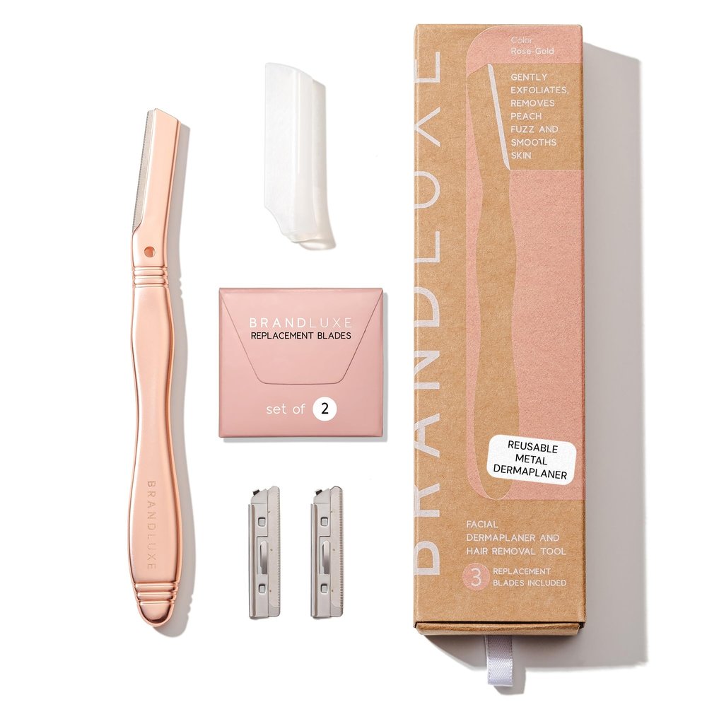 Brandluxe Dermaplaning Tool for Face, Eyebrow Shaping, Hair Removal and Exfoliation. Eco-friendly design. Includes 3 Swedish stainless steel blades in RoseGold (Starter Kit)