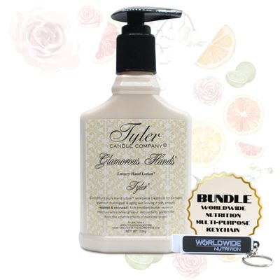 Worldwide Nutrition Bundle: Tyler Hand Lotion - Tyler Scented and Small Hand Cream For Dry Hands with Moisture-Boosting Skin - 8 Oz Travel Size Luxury Hand Lotion and Multi-Purpose Key Chain