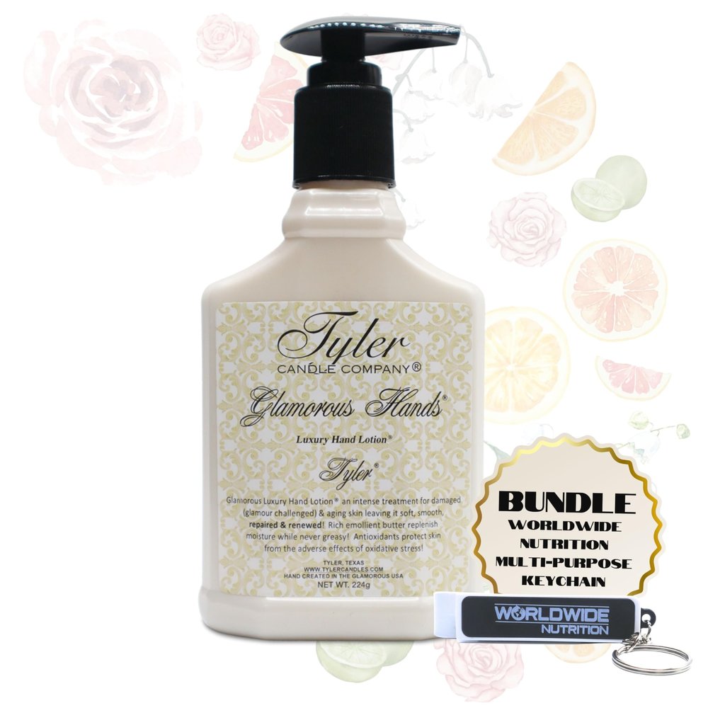 Worldwide Nutrition Bundle: Tyler Hand Lotion - Tyler Scented and Small Hand Cream For Dry Hands with Moisture-Boosting Skin - 8 Oz Travel Size Luxury Hand Lotion and Multi-Purpose Key Chain