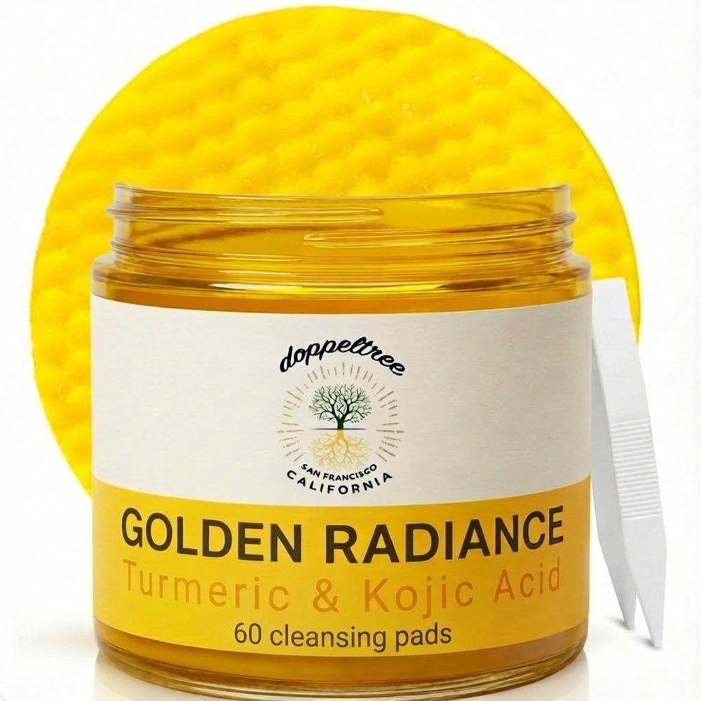 Doppeltree Kojic Acid Turmeric Cleansing Pads (60 thick pads), Face Scrub Exfoliation, Jiyu Dark Spot Reduction, Brightening and Clarifying - Helps Improve Skin Tone and Glow