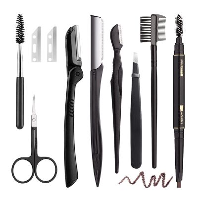 BOYI Eyebrow Grooming Kit for Women and Men, 9 in 1 Eyebrow Kit Including: Eyebrow Razor, Facial Razors, Eyebrow Comb, Eyebrow Scissors, Tweezers, Eyebrow Pencil, Eyebrow Brush, Lash Brush