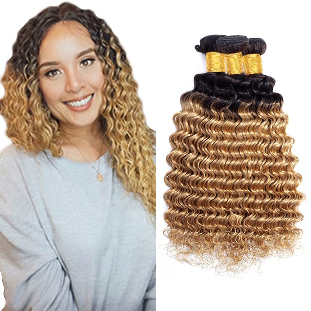 Ombre 1B27 Deep Wave Bundles Black To Honey Blonde Human Hair Bundles Grade 8A Brazilian Remy Hair Weaves Extensions For Women 24 26 28 Inch