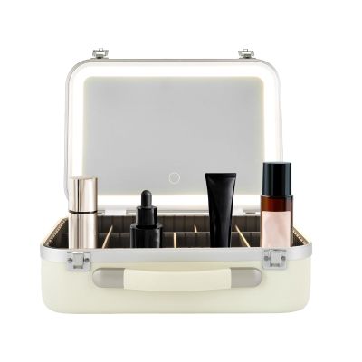 BANLICALI Makeup Train Case, Portable Makeup Case with LED Lights and Mirror, 13.4" L x 9.4" W x 4.7" H Cosmetics Organizer Storage Case Make-Up Station White, 3-Color