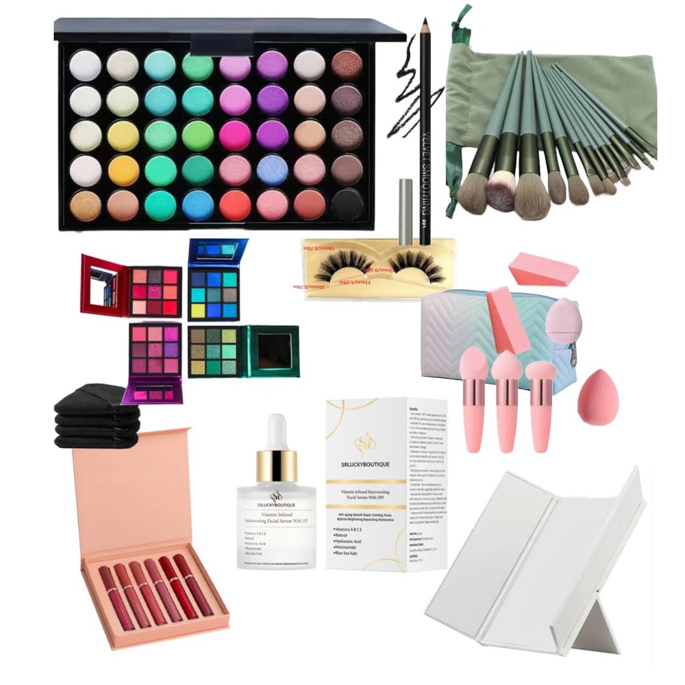 Deluxe makeup gift set-Vitamin Infused Facial Serum SPF-71 eyeshadow colors-6 matte lipstick- mink eye lashes-Brow pencil- Makeup brushes and sponges-Complete Set (Glitter 35 color palette)