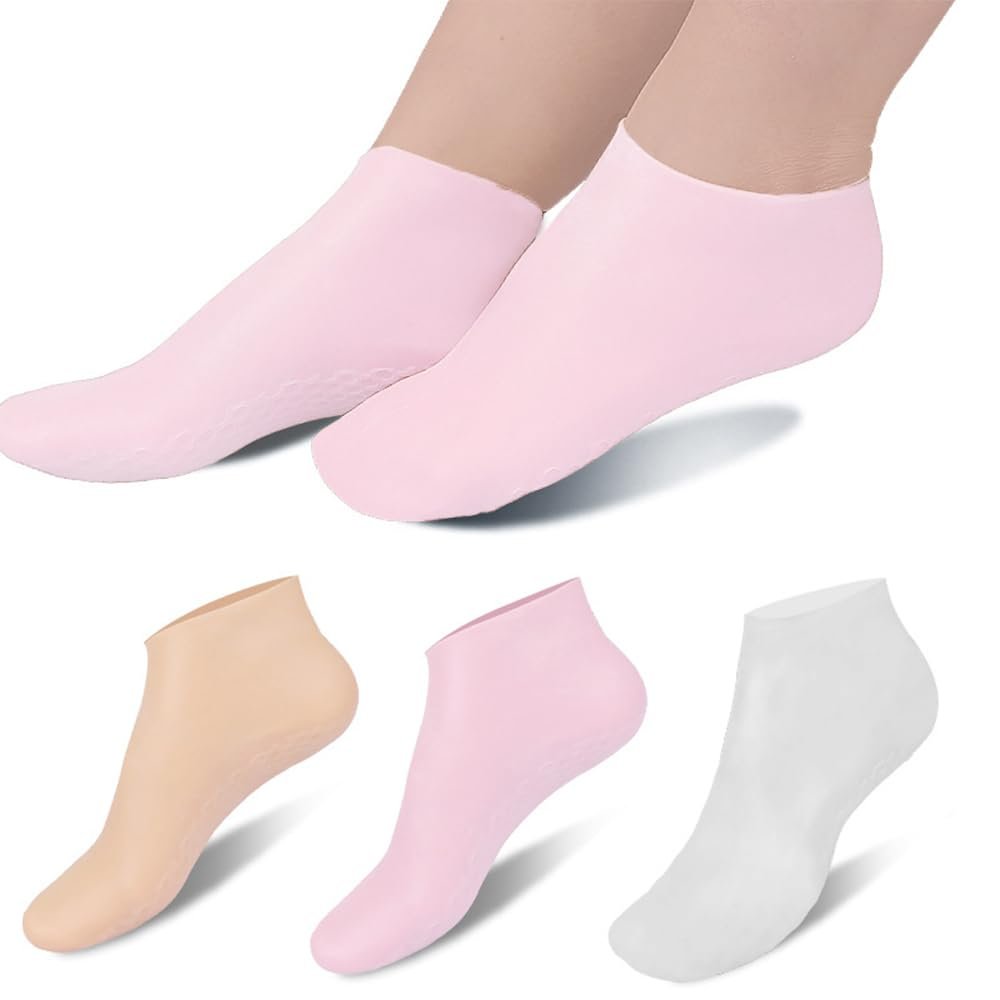 3 Pairs of Silicone Moisturizing Socks for Dry Cracked Feet, Softening Rough Skin, Anti-Slip - Ideal for Women, Calluses, Foot Care After Pedicure, High Elasticity, Spa Gel Socks