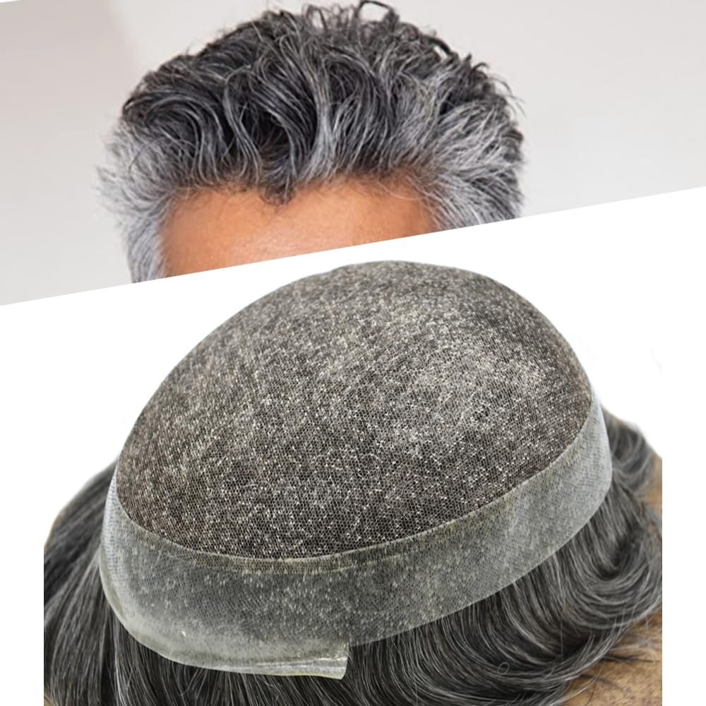 Mens Toupee Human Hair Toupee for Men Hair Replacement Swiss Lace Hair System for Men Hair Pieces Clear Poly Hairpiece Protesis Capilar Para Hombre #1B40 Off Black+40% Gray 10''x8''