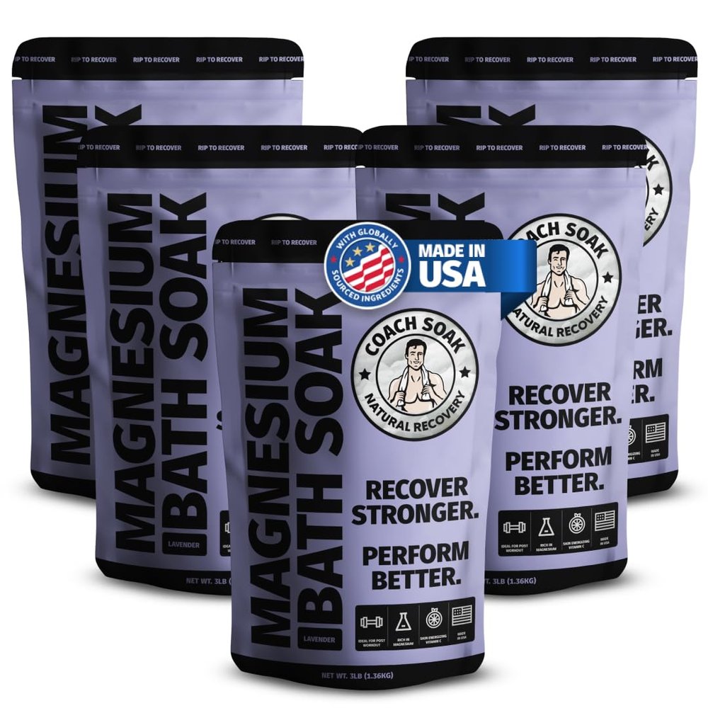 Coach Soak Recovery Bath Soak - Alternative to Epsom Salt Bath Soak - Fast-Absorbing Pure Magnesium Flakes with 21 Minerals, Bath Salts & Essential Oils - 15 lb (5 Pack) - Lavender
