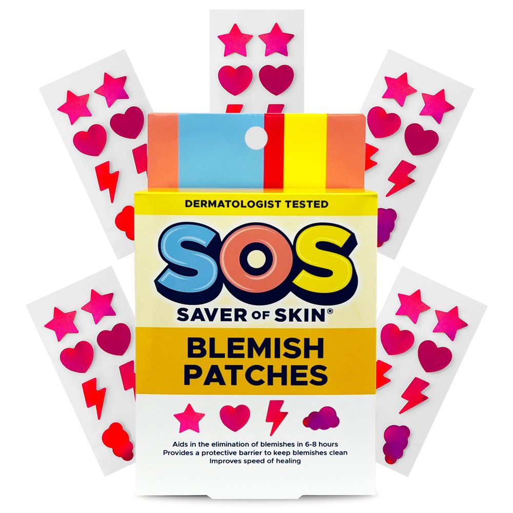SOS SAVER OF SKIN Fun Shape Blemish Patches - Fast Acting Hydrocolloid for Pimples, Zits, Acne, and Face Blemishes - Latex-Free & Vegan with a Splash of Style (Holographic Pink)