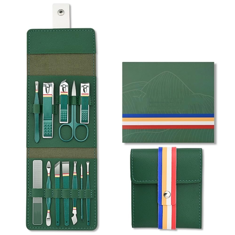 Nail Cutter Set Stainless Steel Nail Clippers Set with Folding Bag Manicure Cutter Kits Scissors Makeup Beauty Tool,12 pcs Green